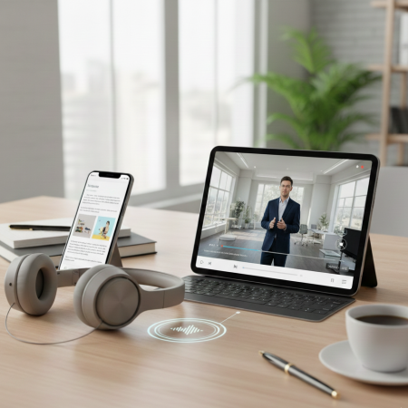 Elementos de aprendizaje online (Telefone, Tablet, Auriculares)